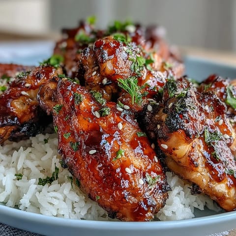 Crisp, sticky wings topped with fresh parsley and green onions on a bed of warm rice.