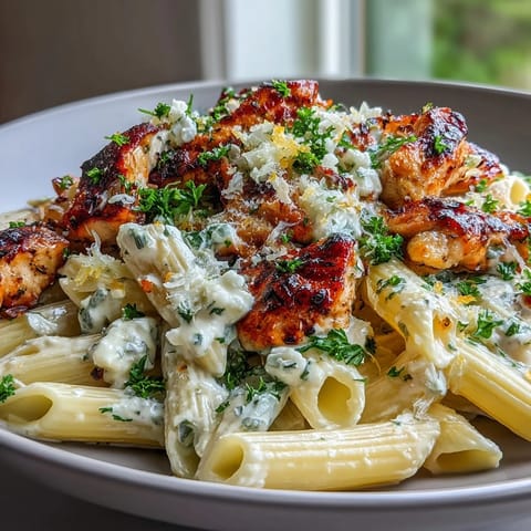 Creamy Lemon Feta Chicken Pasta served in a skillet with fresh parsley and a lemon wedge for a bright finish.
