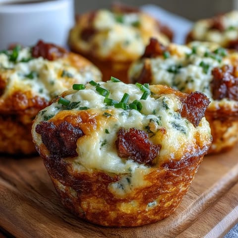 Twelve Ranch Bacon Breakfast Egg Bites sit on a wooden board with fresh chives and a cup of coffee nearby.