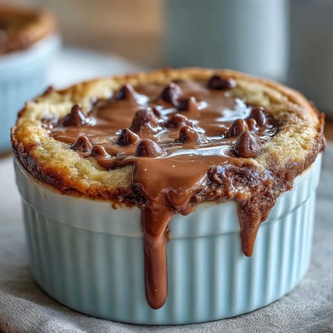 Freshly baked Peanut Butter Cup Protein Pancake Bowl with melty chocolate chips and creamy peanut drizzle, served warm in a ramekin.