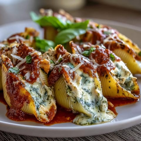 Golden Pesto Lasagna Stuffed Shells bubbling with melted mozzarella and rich marinara, served fresh from the oven.