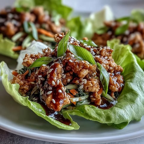 Spoonful of savory turkey stir-fry filling spills from a crisp butter lettuce cup, garnished with sesame seeds and scallions.