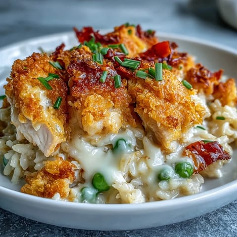 Steam rises from a spoonful of the Creamy Garlic Chicken & Rice Casserole, revealing the creamy, cheesy interior.