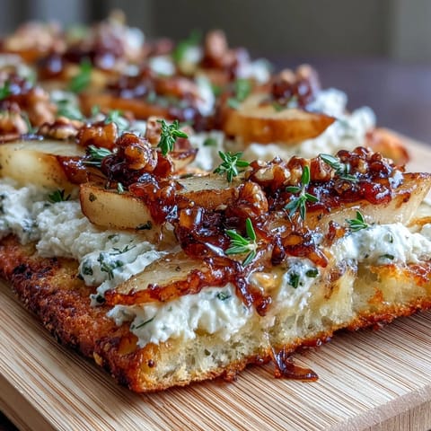 Freshly baked Goat Cheese & Pear Flatbread with Hot Honey drizzled, topped with pear slices, thyme, and walnuts, ready to serve.