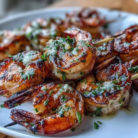 Light lemon herb grilled shrimp skewers with fresh parsley and lemon wedges served on a white platter.