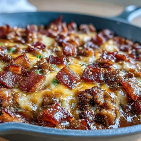 Hearty one-pan Keto BBQ Bacon Cheeseburger Skillet topped with sesame seeds and green onions.  