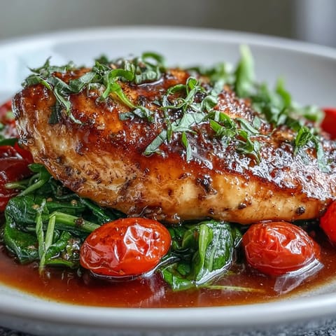 One-pan balsamic chicken with tomatoes and spinach, featuring juicy seared chicken breasts in a tangy balsamic glaze, surrounded by wilted spinach and sweet cherry tomatoes.