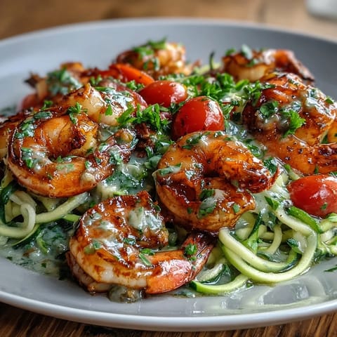 Vibrant zucchini noodles and succulent shrimp in a zesty garlic lemon sauce, perfect for a healthy low-carb dinner.  