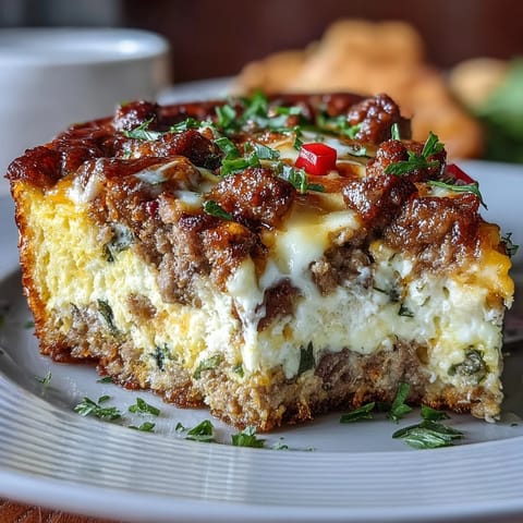 Keto sausage and egg breakfast bake with peppers, loaded with savory sausage, colorful bell peppers, and melted cheese for a low-carb morning meal.  