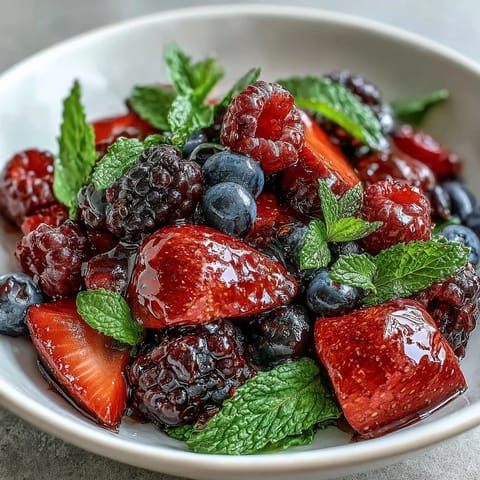 A colorful bowl of fresh summer berries mixed with mint and drizzled with honey, perfect for a light and refreshing treat.