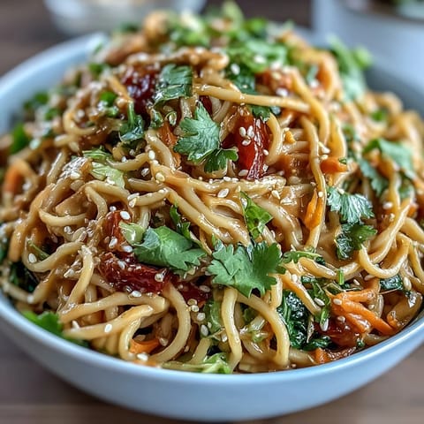 Colorful soba noodles and crisp slaw mixed with spicy peanut dressing, garnished with sesame seeds and lime wedges.