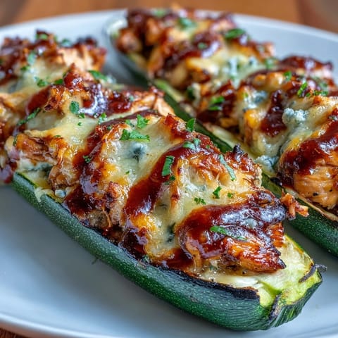 Low-carb zucchini boats filled with tender BBQ chicken and gooey cheddar, perfect for a light and satisfying dinner.
