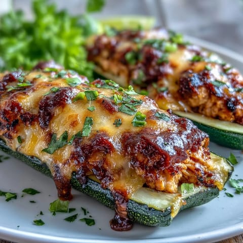 Healthy BBQ chicken stuffed zucchini boats, topped with melted cheese and fresh cilantro, served on a rustic wooden board.