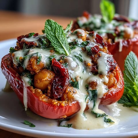 Vibrant bell peppers stuffed with herb-infused chickpeas, quinoa, and Mediterranean vegetables, topped with a creamy lemon tahini drizzle. A colorful, satisfying vegan main dish bursting with flavor.  