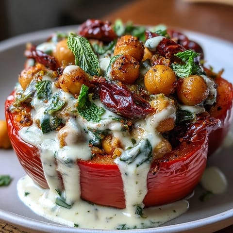 Hearty chickpea and vegetable filling nestled inside tender roasted bell peppers, finished with a smooth, tangy lemon tahini sauce. A wholesome, plant-based Mediterranean-inspired dinner.  