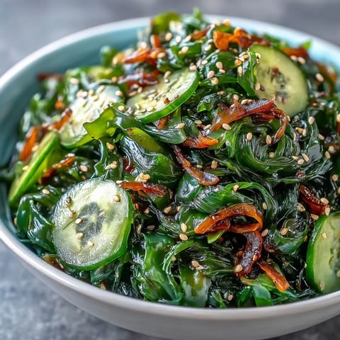 Colorful seaweed salad featuring ponzu, ginger, and crunchy cucumber-carrot mix for a light vegan side dish.  