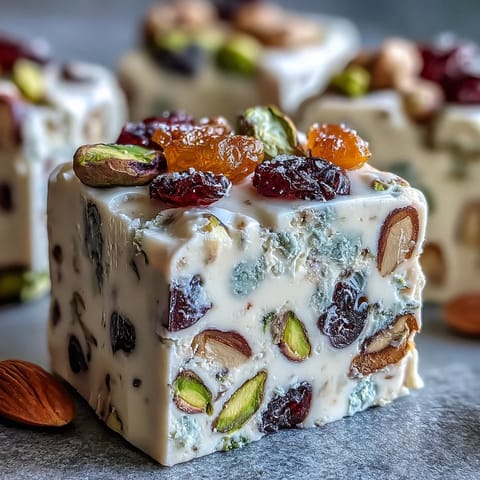 Chewy pistachio nougat candy loaded with roasted pistachios and colorful dried fruits, perfect for gifting or holiday treats.