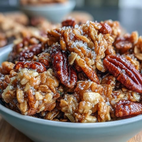 Golden, crunchy salted honey granola clusters with toasted oats, nuts, and a hint of fleur de sel, perfect for breakfast or snacking.