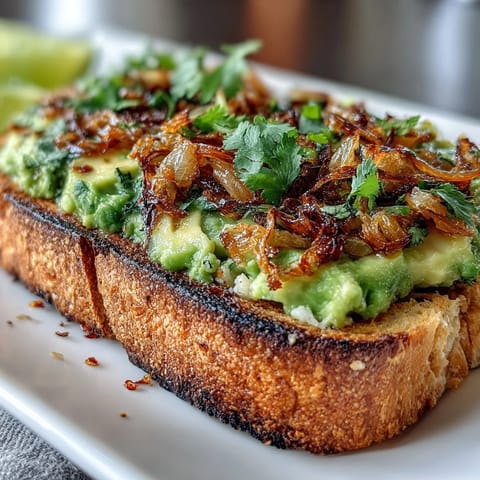 A vibrant sourdough toast topped with creamy avocado, zesty chilli-lime dressing, and crispy fried shallots for bold flavor.