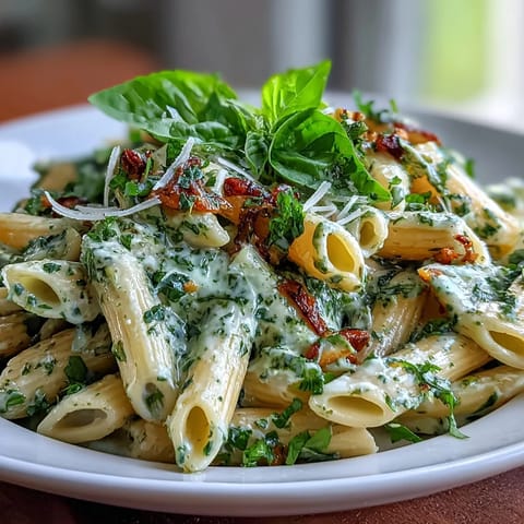 Creamy cream cheese pesto pasta with fresh basil, toasted pine nuts, and Parmesan in a light sauce.
