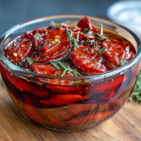 Spicy Calabrian chili oil infused with garlic and herbs, drizzled over golden roasted vegetables and fresh bread.  
