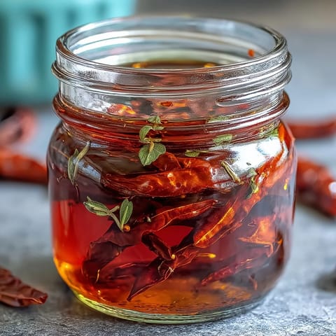 Fiery Calabrian chili oil with crispy garlic slices and aromatic oregano, perfect for elevating pasta and grilled meats.  