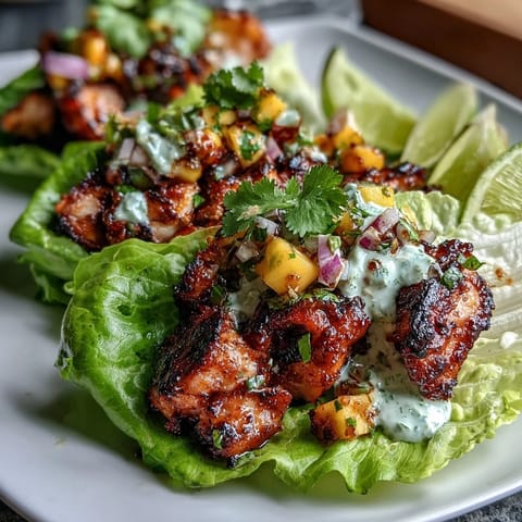 Jerk chicken lettuce cups with spicy marinated chicken, fresh mango salsa, and creamy coconut crema served in crisp butter lettuce leaves.  