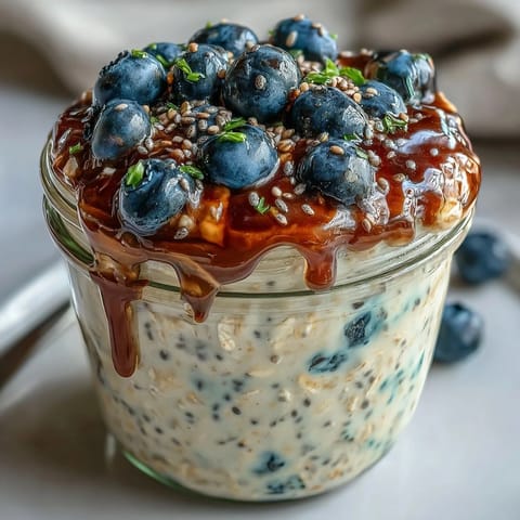 Creamy overnight oats with chia seeds and blueberries in glass jars, topped with sliced almonds for a healthy breakfast.  