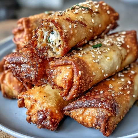 Crispy air fryer vegetable egg rolls with soy ginger glaze, golden brown and filled with shredded cabbage, carrots, and mushrooms.  