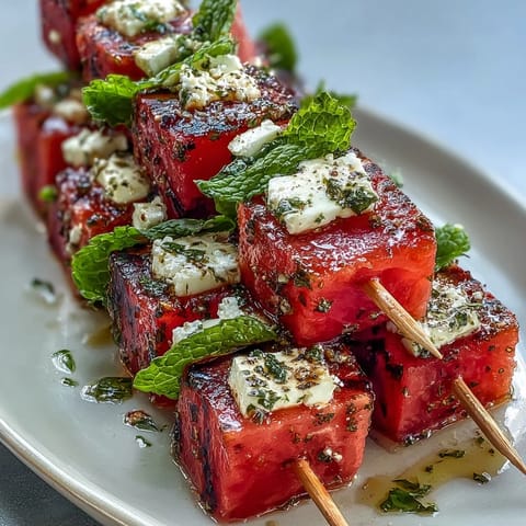 Vibrant watermelon feta skewers with fresh mint leaves, perfect for summer entertaining and easy appetizers.  