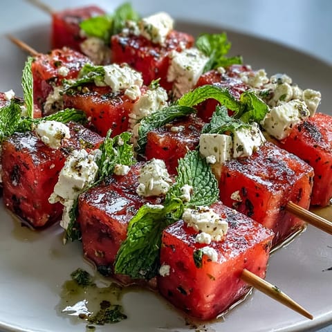 Colorful watermelon and feta cubes threaded with mint on skewers, drizzled with olive oil and balsamic glaze for a refreshing bite.  
