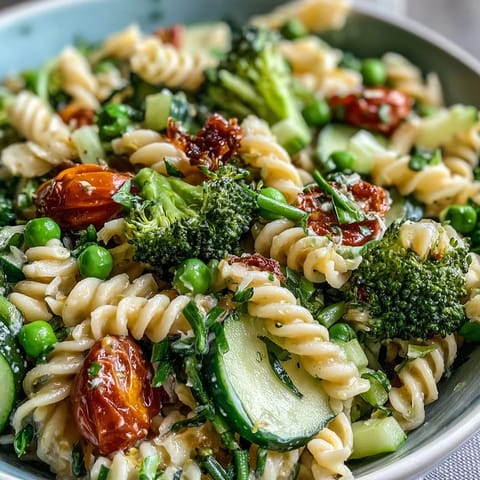 Fresh spring garden pasta salad with broccoli and peas, tossed in zesty lemon-herb dressing for a vibrant, healthy meal.