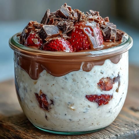 Strawberry chocolate chunk overnight oats dessert jar with creamy oats, fresh strawberries, and rich dark chocolate chunks, perfect for a healthy make-ahead breakfast or dessert.