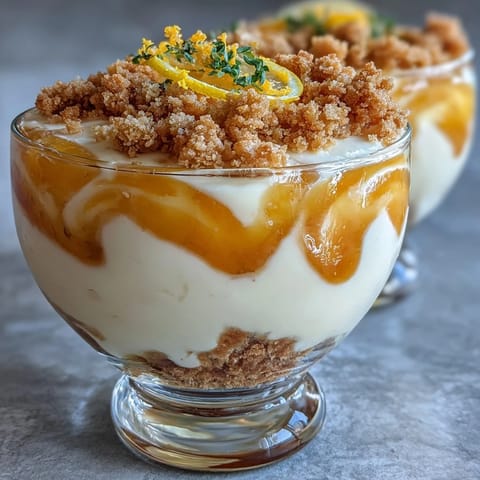 Fluffy Yogurt Lemon Parfait with Sourdough Crumb Topping, layered with tangy Greek yogurt and bright lemon curd, topped with buttery sourdough crumbs.