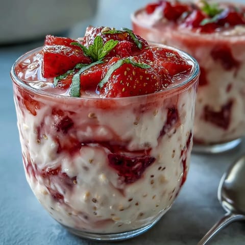 Vibrant overnight oats with fresh strawberries, lemon zest, and poppy seeds for a refreshing breakfast.  