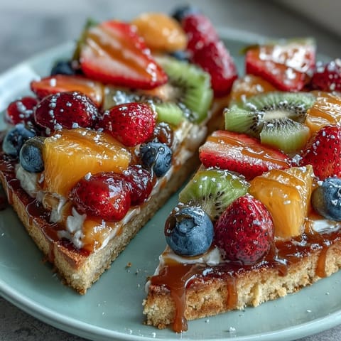 Colorful Summer Party Fruit Pizza with Cookie Crust, topped with creamy frosting and fresh seasonal fruits arranged in a vibrant pattern.  