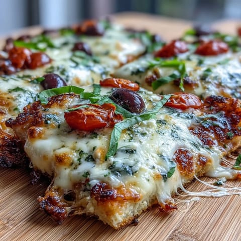 A golden, high-protein cottage cheese flatbread pizza topped with melted mozzarella, black olives, and cherry tomatoes for a low-carb dinner.