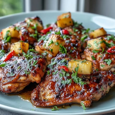 Sweet and sour chicken pineapple skillet with tender chicken, colorful bell peppers, and juicy pineapple in a glossy homemade sauce.  