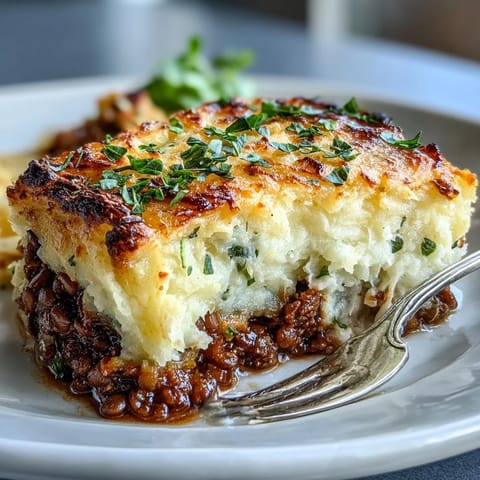 Vegetarian Shepherds Pie with Lentils and Mushrooms in a baking dish, topped with creamy mashed potatoes and golden-brown crust.