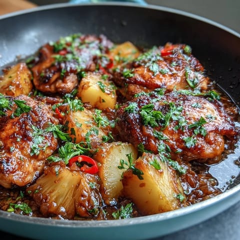 One-Pan Chicken Pineapple Coconut Curry in a skillet with juicy pineapple chunks and tender chicken in creamy coconut sauce.