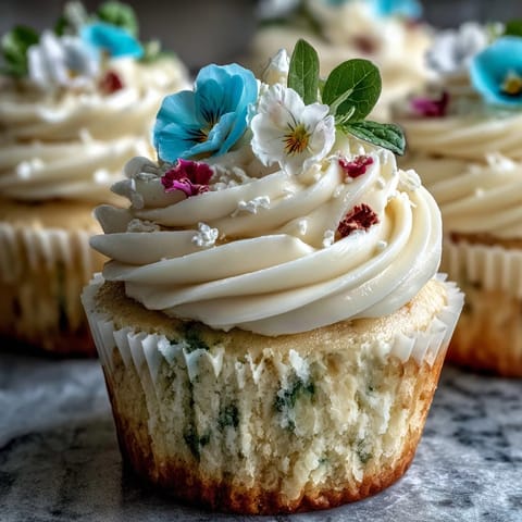 Delicate vanilla cupcakes topped with creamy buttercream and edible flower petals for a spring-inspired treat.