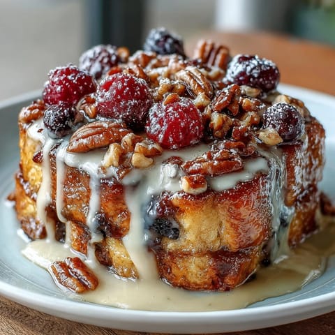 A golden-baked French toast casserole bursting with juicy blueberries and warm cinnamon, perfect for a festive brunch centerpiece.