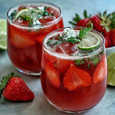 Refreshing strawberry basil lemonade with vibrant red berries and green herbs in a clear glass pitcher.