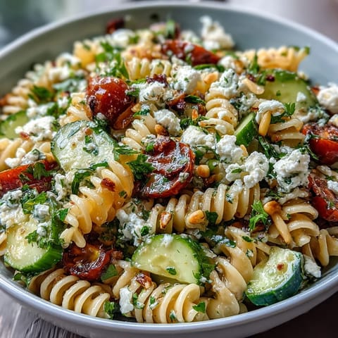 Lemon Vinaigrette Pasta Salad with Cucumbers and Cherry Tomatoes, bursting with fresh flavors and vibrant colors, perfect for a light lunch or summer potluck.