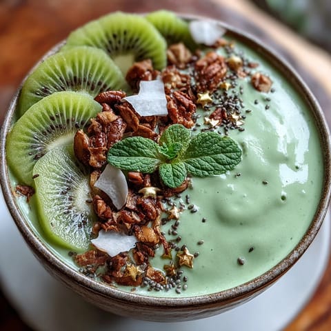 Creamy St. Patrick's Day protein smoothie bowl featuring a spinach-avocado base, decorated with kiwi slices, chia seeds, and mint leaves.