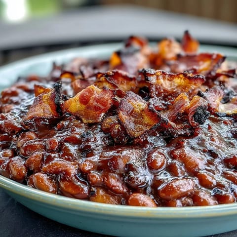 A bubbling casserole of Summer BBQ Baked Beans with crispy bacon and a glossy brown sugar glaze.
