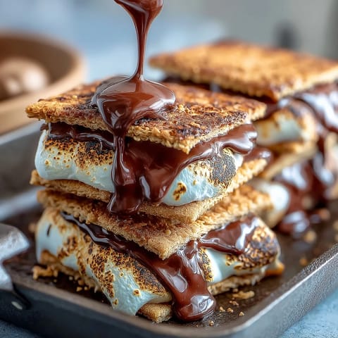 Gooey smores dip bubbling in a cast iron skillet, topped with golden toasted marshmallows and festive red, white, and blue candies.