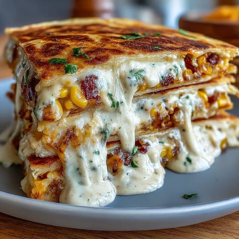 Festive Cinco de Mayo street corn quesadillas loaded with roasted corn, melted cheese, and smoky chipotle crema for dipping.