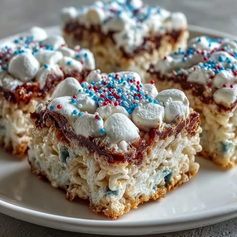 Red, white, and blue Rice Krispies treats stacked in patriotic layers, perfect for a festive 4th of July dessert table.