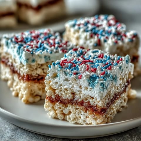 Chewy, colorful Rice Krispies treats in bold red, white, and blue, a sweet and easy Independence Day treat for all ages.